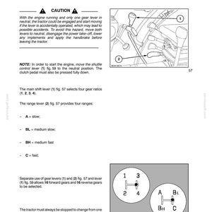 Pu&ograve; includere: Una pagina di manuale tecnico intitolata Transmission with Range Gear and Mechanical Shuttle 30/40 km/h (18.64/24.85 mph) - 16F+16R. Include un diagramma delle leve del cambio 1 e 2 e un grafico dello schema delle marce 1-4 e delle gamme A, BL, BH, C.