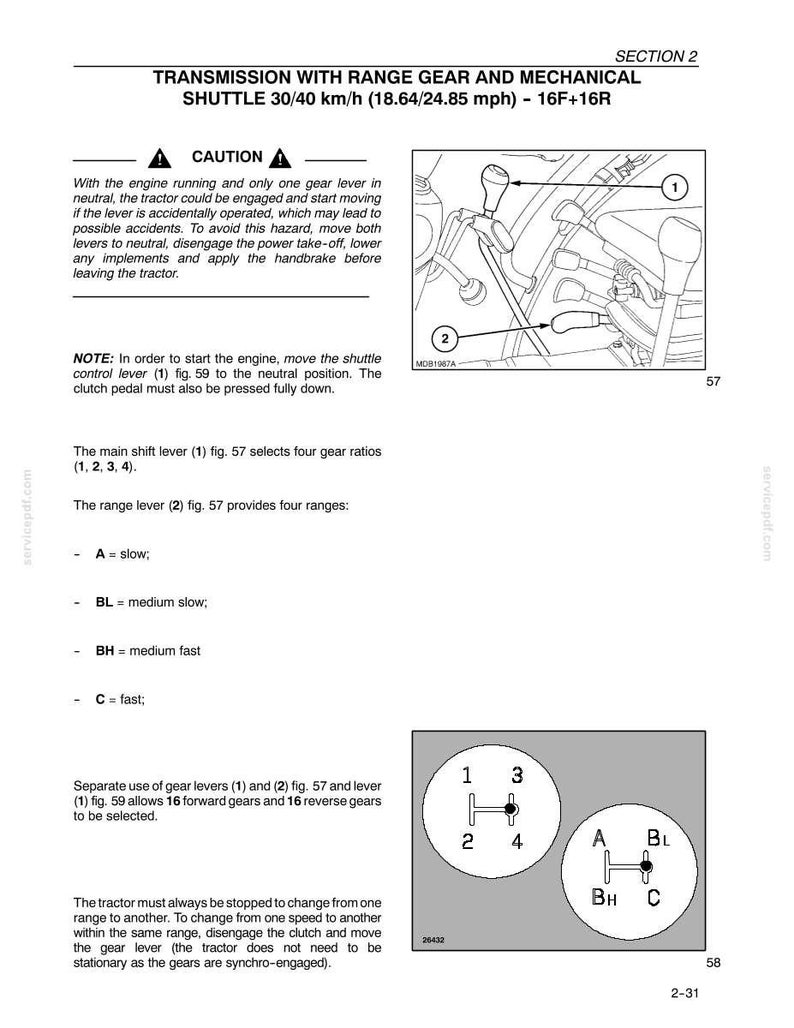 Pu&ograve; includere: Una pagina di manuale tecnico intitolata Transmission with Range Gear and Mechanical Shuttle 30/40 km/h (18.64/24.85 mph) - 16F+16R. Include un diagramma delle leve del cambio 1 e 2 e un grafico dello schema delle marce 1-4 e delle gamme A, BL, BH, C.