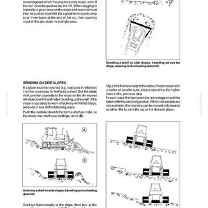 May include: A technical manual page for the DC150 Power Steering and DC150 LGP Power Steering, featuring black and white line drawings of a bulldozer performing grading on side slopes, with instructional text explaining techniques for notching a shelf.