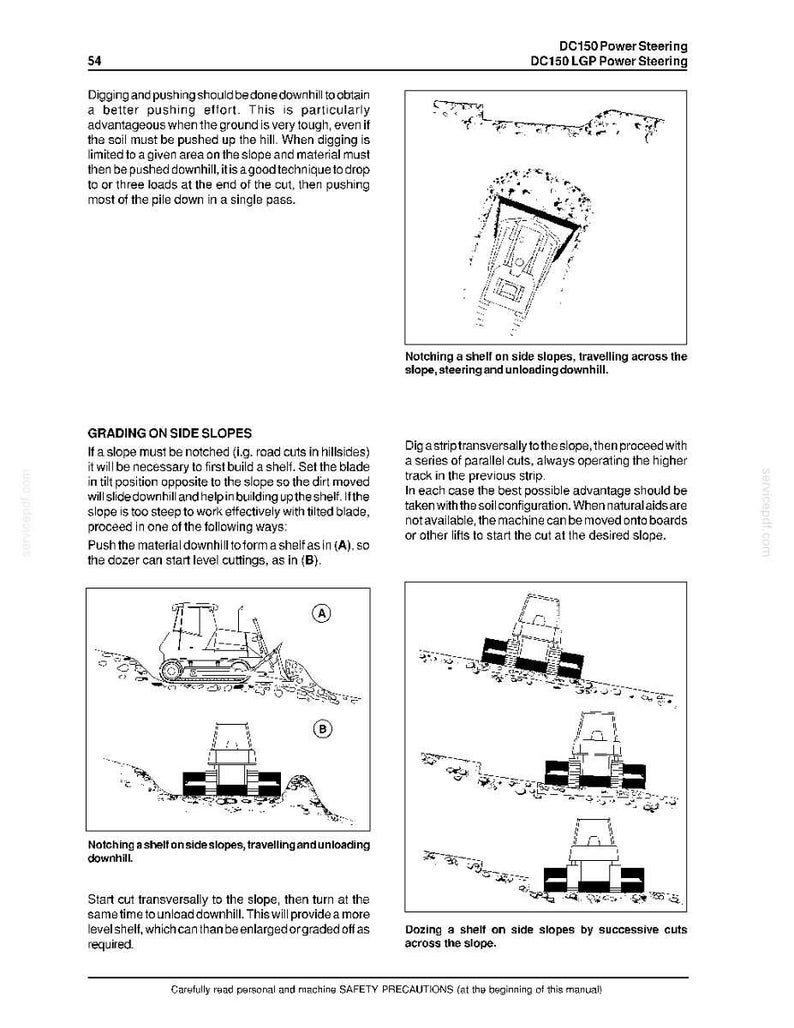 May include: A technical manual page for the DC150 Power Steering and DC150 LGP Power Steering, featuring black and white line drawings of a bulldozer performing grading on side slopes, with instructional text explaining techniques for notching a shelf.