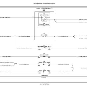 May include: Diagram of an electrical system, featuring the "RIGHT CONTROL HANDLE SEAT" with components like the "SEAT HEAT SWITCH" and "SEAT HEAT ELEMENT." The diagram includes various switches, diodes, and connectors, labeled with text and lines.