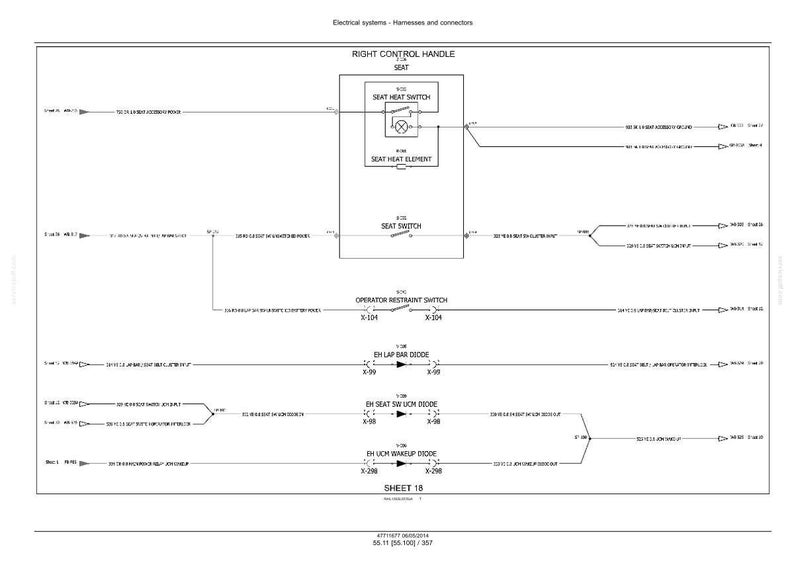 May include: Diagram of an electrical system, featuring the "RIGHT CONTROL HANDLE SEAT" with components like the "SEAT HEAT SWITCH" and "SEAT HEAT ELEMENT." The diagram includes various switches, diodes, and connectors, labeled with text and lines.