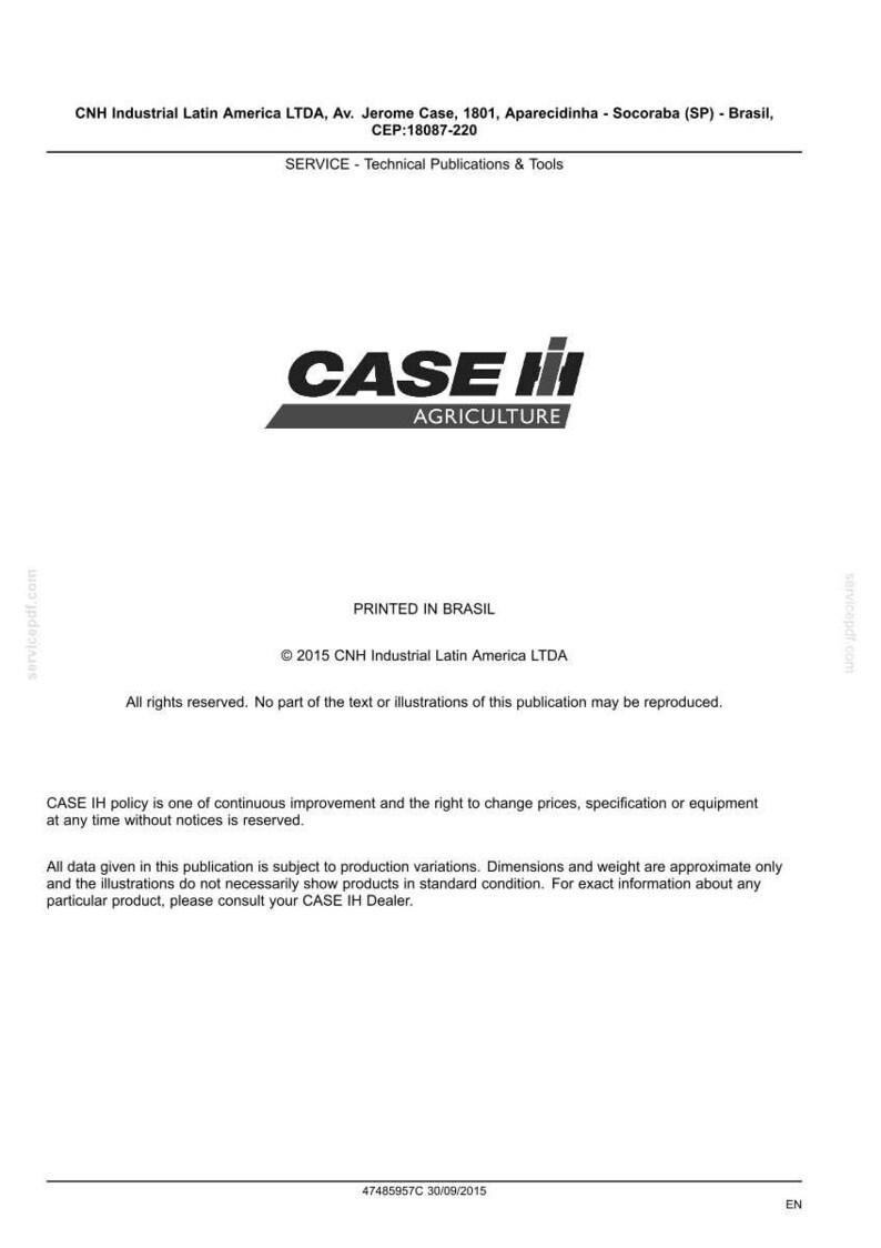 May include: A white document with the CASE IH Agriculture logo in black and gray. The document includes text about technical publications and tools, printed in Brazil, and copyright information.