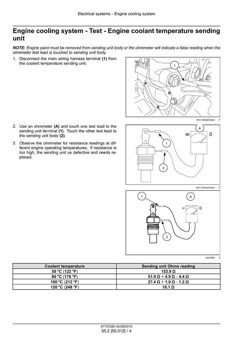 May include: Diagram illustrating the engine cooling system test, focusing on the coolant temperature sending unit. Includes steps for testing with an ohmmeter and a table showing coolant temperature in Fahrenheit and Celsius with corresponding sending unit ohms readings.