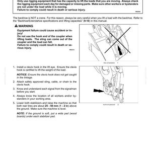 May include: Page from a manual with safety warnings about lifting with a backhoe. Includes diagrams of the backhoe and instructions for safe operation. Text includes warnings about equipment failure and injury.