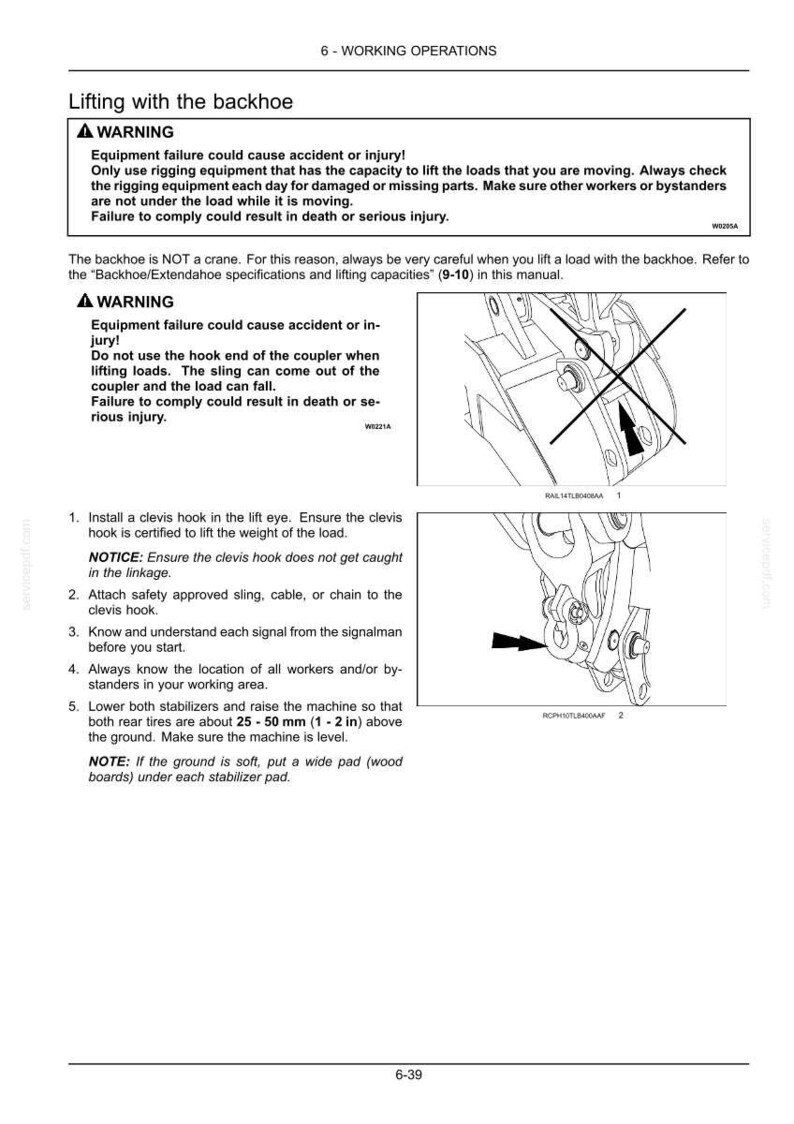 May include: Page from a manual with safety warnings about lifting with a backhoe. Includes diagrams of the backhoe and instructions for safe operation. Text includes warnings about equipment failure and injury.