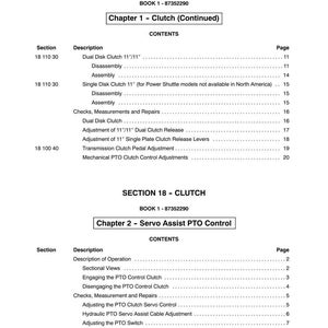 May include: A page from a manual titled "SECTION 18 - CLUTCH" with the book number 87352290. The contents include chapters on clutch and servo assist PTO control, with detailed descriptions and page numbers for each section.