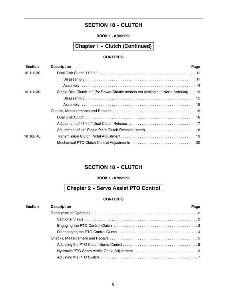 May include: A page from a manual titled "SECTION 18 - CLUTCH" with the book number 87352290. The contents include chapters on clutch and servo assist PTO control, with detailed descriptions and page numbers for each section.