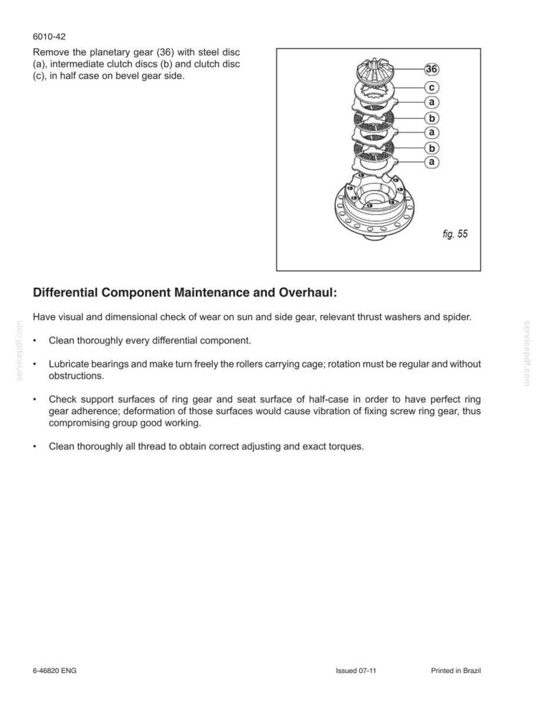 May include: An exploded diagram of a differential component assembly, labeled with letters and numbers. The image includes text describing maintenance and overhaul procedures for the differential.