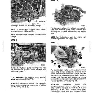 May include: Diagram of hydraulic pump disassembly and assembly steps, with detailed illustrations and numbered components. Includes warnings about weight (77 lb) and torque specifications for bolts.