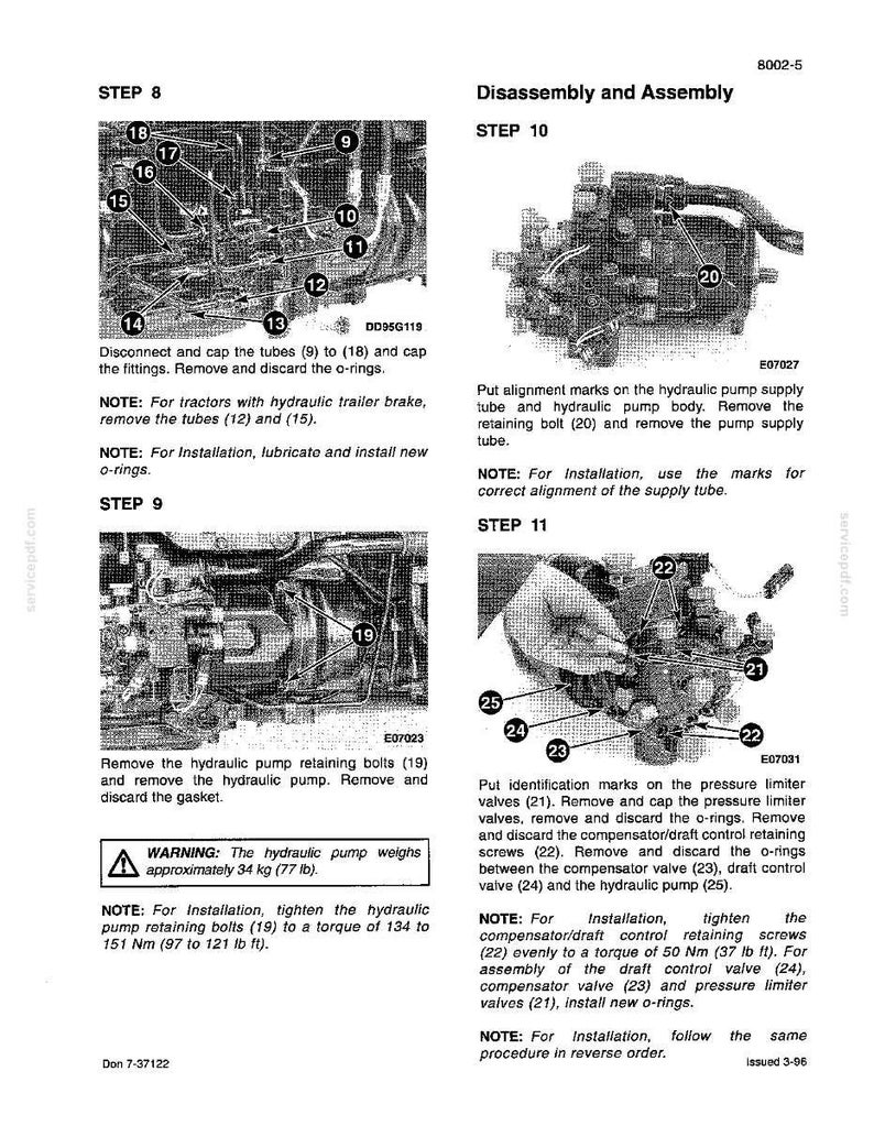 May include: Diagram of hydraulic pump disassembly and assembly steps, with detailed illustrations and numbered components. Includes warnings about weight (77 lb) and torque specifications for bolts.