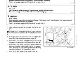 May include: A technical diagram detailing transmission drive housing level make up. The image includes warnings about hot surfaces and burn hazards. Instructions are provided for checking and maintaining oil levels, with numbered steps and diagrams.