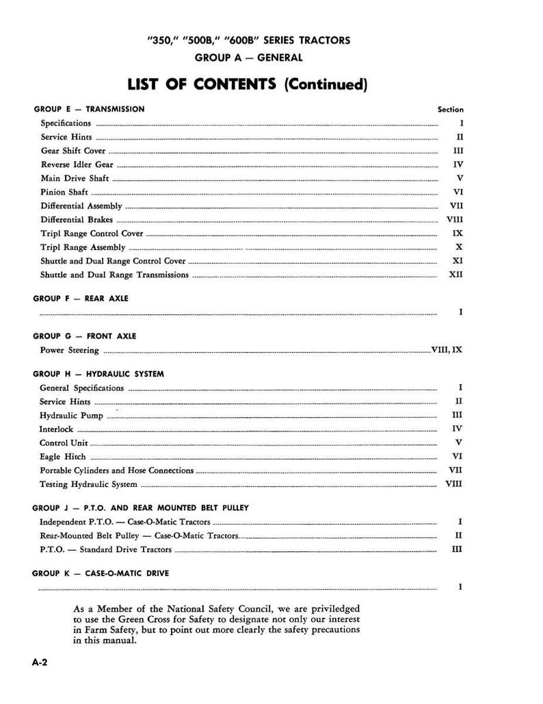 May include: A page from a manual titled "350," "500B," "600B" Series Tractors, Group A - General. The list of contents includes sections on transmission, rear axle, front axle, hydraulic system, and PTO. The text is black on a white background.