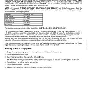 May include: A technical document detailing engine cooling systems and the use of OAT coolant. Includes a table with property limits and instructions for washing the system. The text is in black font on a white background.