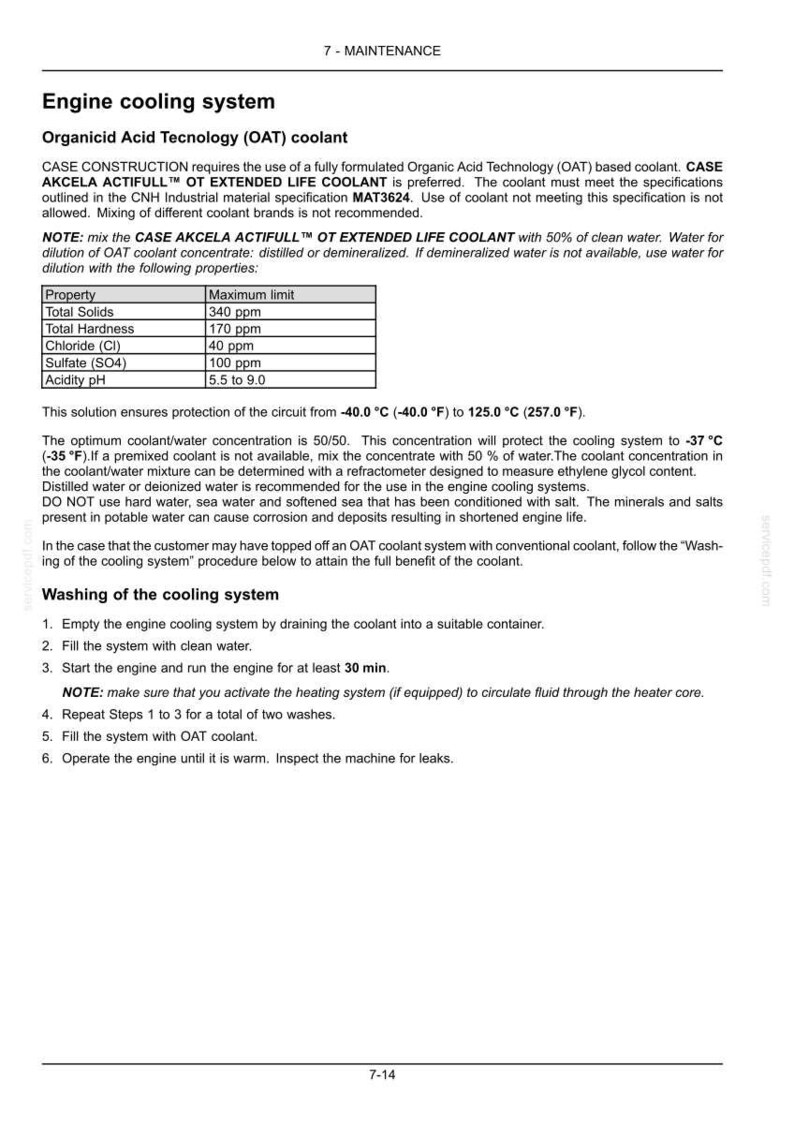 May include: A technical document detailing engine cooling systems and the use of OAT coolant. Includes a table with property limits and instructions for washing the system. The text is in black font on a white background.