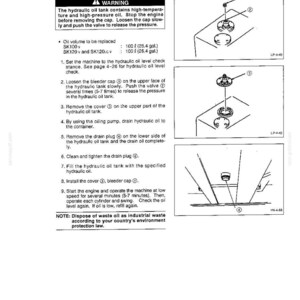 May include: A technical maintenance manual page titled Replacing the Hydraulic Oil, featuring a warning box, step-by-step instructions, and three black and white line drawings illustrating the removal of a bleeder cap, cover, and drain plug.