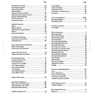 May include: A black and white index page from a technical manual for a Ford 7500, featuring two columns of text listing maintenance and operation topics such as Adjusting Foot Brakes, Backhoe Operation, and Engine Oil Filter Service with page numbers.