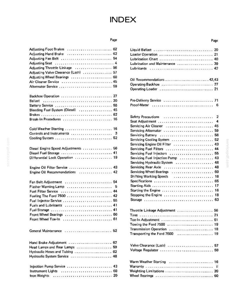 May include: A black and white index page from a technical manual for a Ford 7500, featuring two columns of text listing maintenance and operation topics such as Adjusting Foot Brakes, Backhoe Operation, and Engine Oil Filter Service with page numbers.