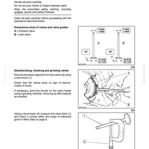 May include: A technical manual page titled Section 10 Engine Chapter 1, detailing engine valve maintenance. It includes diagrams of exhaust and inlet valves with dimensions in mm, a wire brush cleaning illustration, and a micrometer measurement tool.