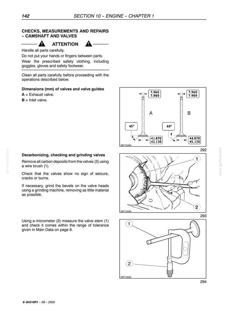 May include: A technical manual page titled Section 10 Engine Chapter 1, detailing engine valve maintenance. It includes diagrams of exhaust and inlet valves with dimensions in mm, a wire brush cleaning illustration, and a micrometer measurement tool.