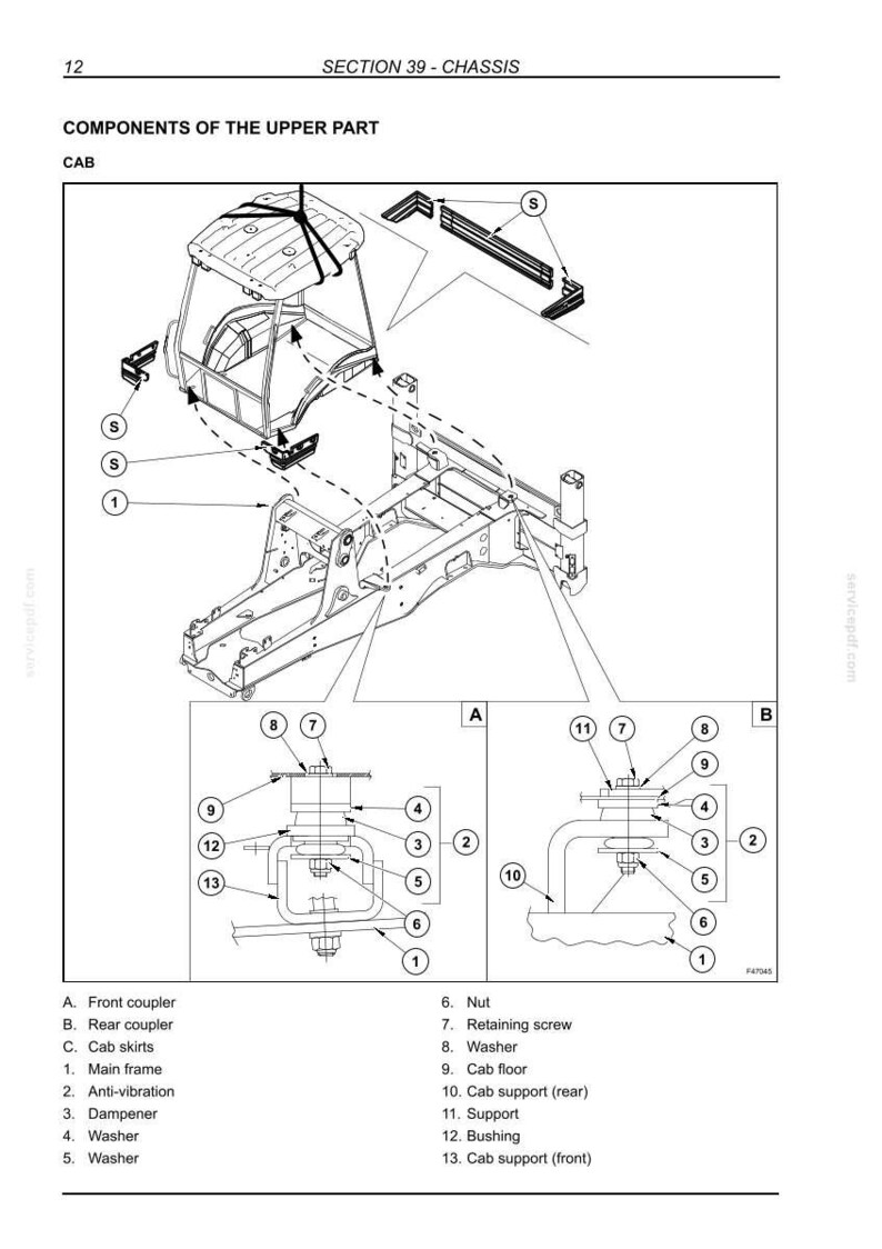 May include: Diagram of a vehicle chassis upper part, labeled with component names and numbers. Includes the cab, main frame, and various fasteners. Text at the top reads "SECTION 39 - CHASSIS" and "COMPONENTS OF THE UPPER PART CAB".