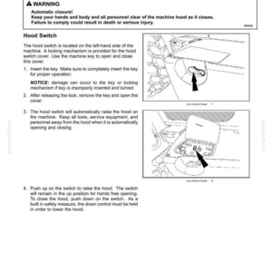 May include: Diagram of a vehicle's hood switch and master disconnect, with instructions and warnings. Includes illustrations of the hood switch cover and the switch itself. Text includes safety warnings about automatic closure.