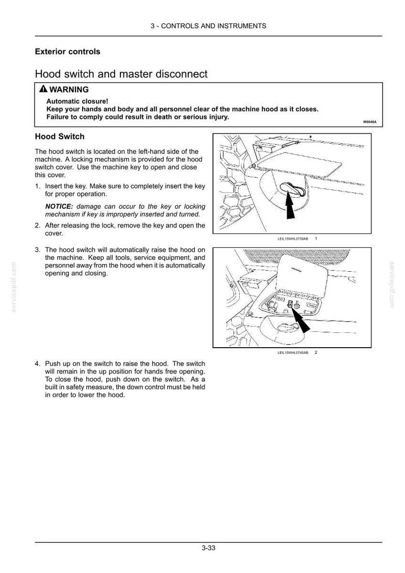 May include: Diagram of a vehicle's hood switch and master disconnect, with instructions and warnings. Includes illustrations of the hood switch cover and the switch itself. Text includes safety warnings about automatic closure.