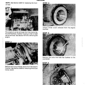 May include: A black and white technical diagram titled "Servicing the Engine Flywheel and Rear Oil Seal." The diagram shows steps for removing the flywheel, including removing the torque limiter clutch and bolts.