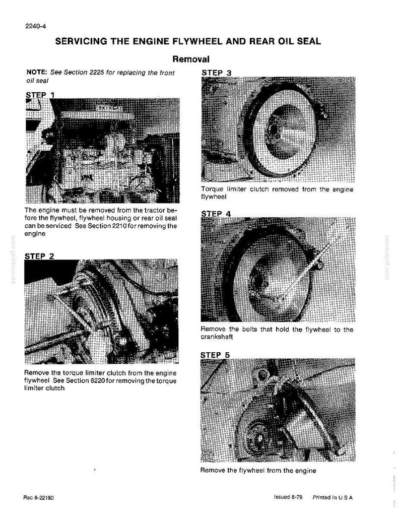 May include: A black and white technical diagram titled "Servicing the Engine Flywheel and Rear Oil Seal." The diagram shows steps for removing the flywheel, including removing the torque limiter clutch and bolts.