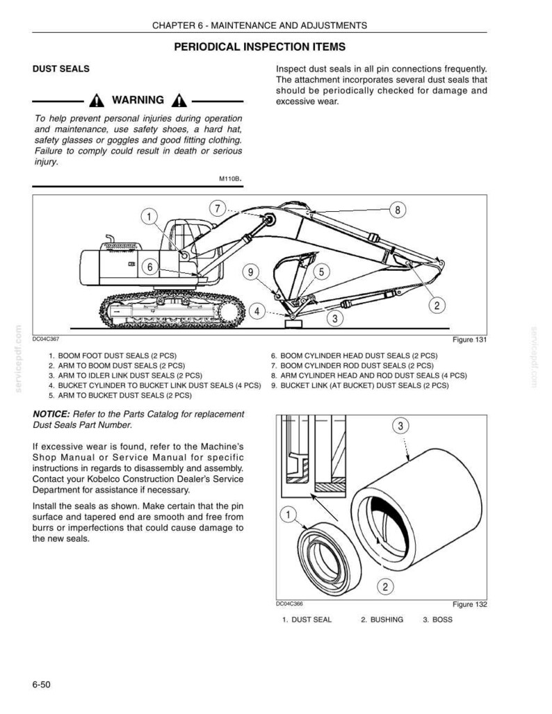 May include: A technical manual page titled Chapter 6 - Maintenance and Adjustments, Periodical Inspection Items. It features a line drawing of an excavator with numbered parts and a detailed diagram of a dust seal, bushing, and boss assembly.