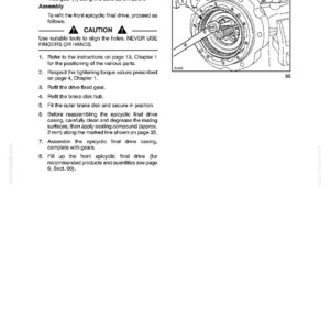 Puede incluir: Una p&aacute;gina de un manual que detalla la transmisi&oacute;n mec&aacute;nica del eje delantero. La p&aacute;gina incluye instrucciones de texto, diagramas y un aviso de precauci&oacute;n. El diagrama muestra una vista detallada de los componentes del eje con una llave.