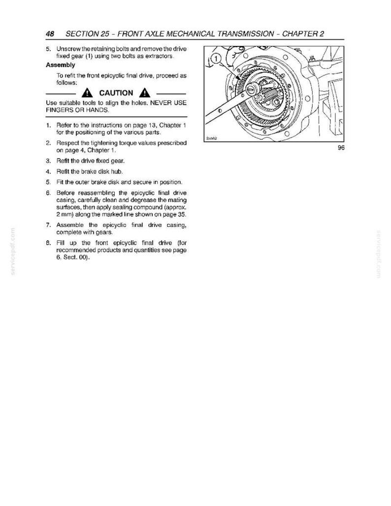Puede incluir: Una p&aacute;gina de un manual que detalla la transmisi&oacute;n mec&aacute;nica del eje delantero. La p&aacute;gina incluye instrucciones de texto, diagramas y un aviso de precauci&oacute;n. El diagrama muestra una vista detallada de los componentes del eje con una llave.
