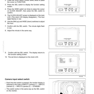 May include: A page from a manual detailing clock adjustment and camera input select switch functions. The page includes diagrams of a display screen with buttons and text instructions. The time 11:43 is displayed.