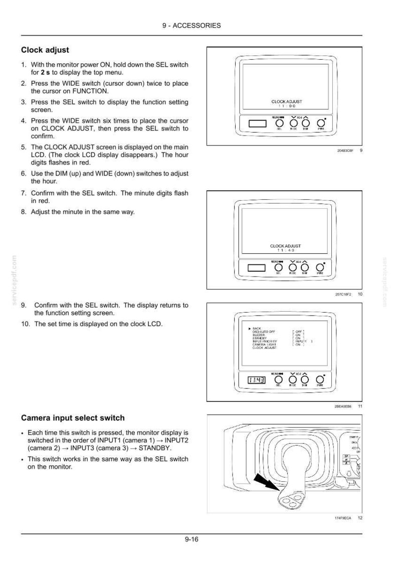 May include: A page from a manual detailing clock adjustment and camera input select switch functions. The page includes diagrams of a display screen with buttons and text instructions. The time 11:43 is displayed.