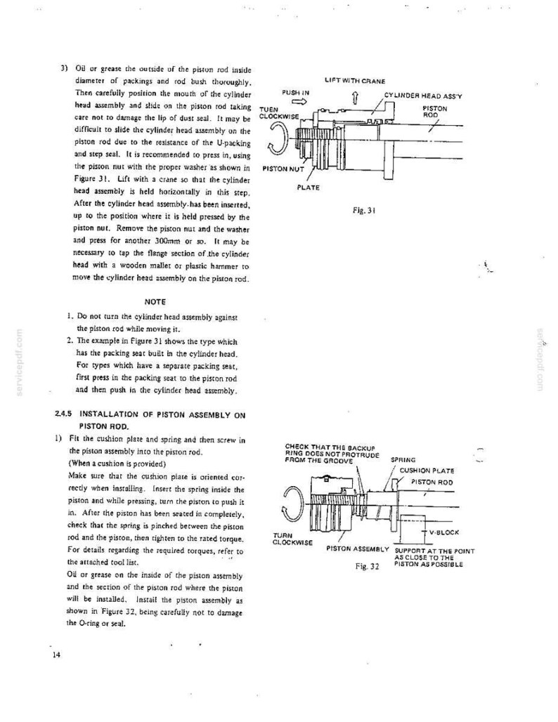 May include: A technical manual page featuring two diagrams, Fig. 31 and Fig. 32, illustrating the installation of a piston assembly on a piston rod. The text provides instructions for oiling, positioning, and tightening components like the cylinder head.