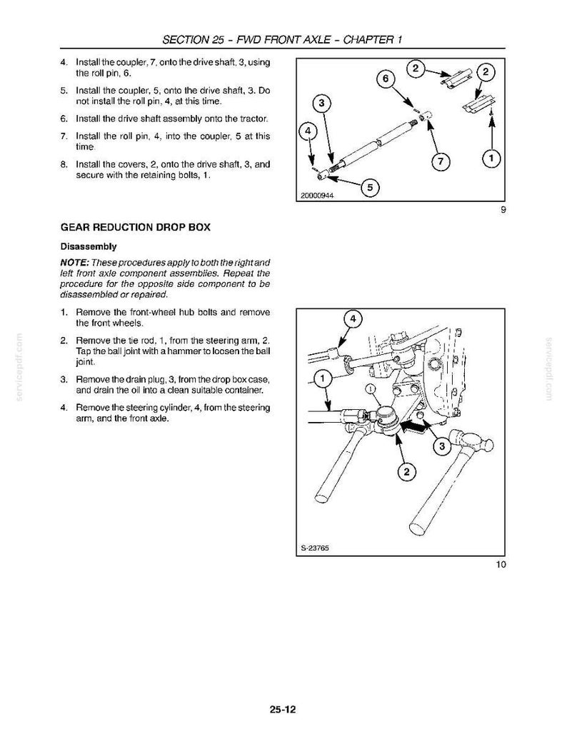 May include: Diagram of a front axle assembly with numbered parts and instructions. Text includes "SECTION 25 - FWD FRONT AXLE - CHAPTER 1" and "GEAR REDUCTION DROP BOX Disassembly". The image is a technical illustration.
