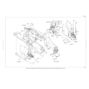 May include: Technical diagram illustrating hydraulic components of a joystick steering system with an auxiliary steering system. The black and white diagram shows various parts, tubing, and labels. Includes multiple views and detail sections.