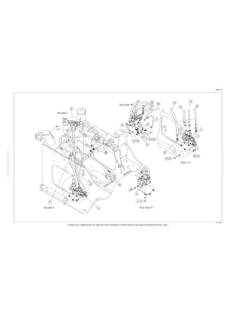 May include: Technical diagram illustrating hydraulic components of a joystick steering system with an auxiliary steering system. The black and white diagram shows various parts, tubing, and labels. Includes multiple views and detail sections.