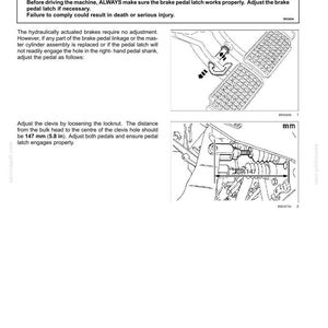 Peut inclure: Une page de manuel technique intitul&eacute;e 7-MAINTENANCE CHECK BRAKE PEDAL LATCHING/UNLATCHING. Elle comprend un encadr&eacute; d'avertissement, des instructions textuelles et deux sch&eacute;mas montrant les composants de la p&eacute;dale de frein avec une mesure de 147 mm.