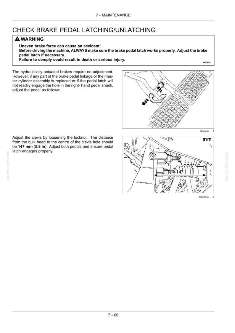 Peut inclure: Une page de manuel technique intitul&eacute;e 7-MAINTENANCE CHECK BRAKE PEDAL LATCHING/UNLATCHING. Elle comprend un encadr&eacute; d'avertissement, des instructions textuelles et deux sch&eacute;mas montrant les composants de la p&eacute;dale de frein avec une mesure de 147 mm.