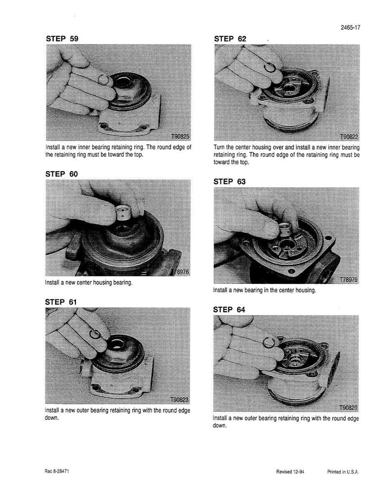 May include: A grayscale technical diagram with step-by-step instructions for mechanical assembly. The image shows hands manipulating components, including retaining rings and bearings. Text labels identify each step, with part numbers visible. The diagram is printed in the U.S.A.