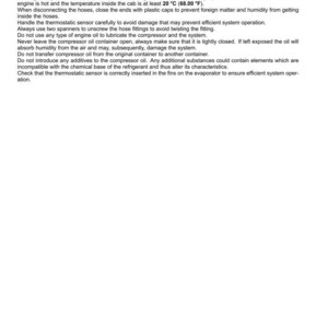 May include: A white document with black text providing warnings for air conditioning system repair operations. The text includes instructions on operating the system, handling components, and avoiding damage. The temperature is listed as 20 &deg;C (68.00 &deg;F).