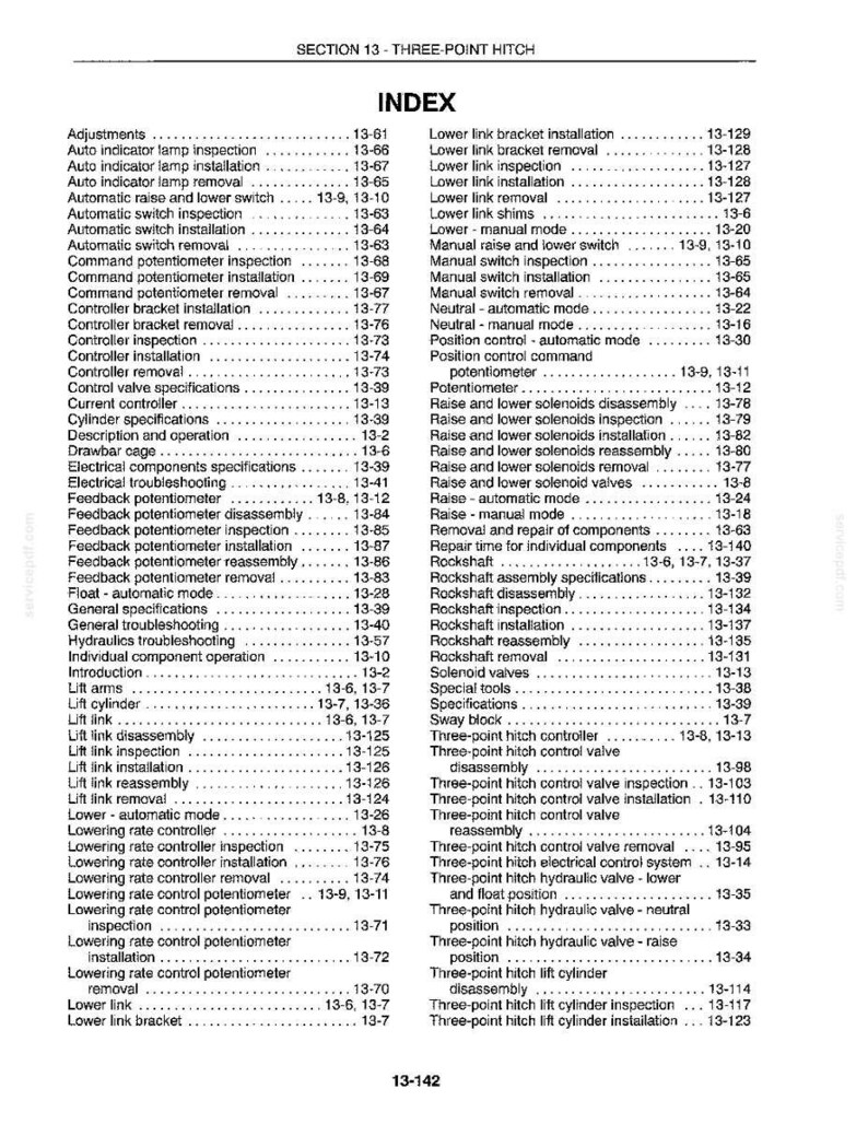 May include: Index page from a manual, listing various mechanical components and their corresponding page numbers. The text is organized in alphabetical order, covering topics like "Adjustments," "Controller," and "Lift Link."