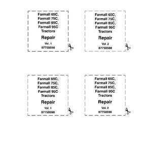 May include: White printed labels for tractor repair manuals. Each label includes the text "Farmall 65C, 75C, 85C, 95C Tractors Repair" and volume numbers. Scissors icons are present, indicating where to cut.
