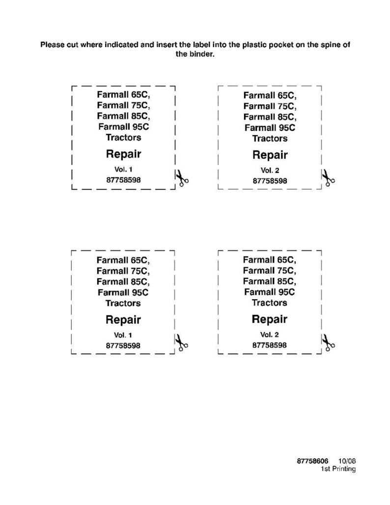 May include: White printed labels for tractor repair manuals. Each label includes the text "Farmall 65C, 75C, 85C, 95C Tractors Repair" and volume numbers. Scissors icons are present, indicating where to cut.