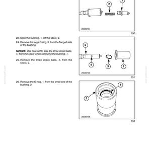 May include: A technical manual page titled SECTION 35 - HYDRAULIC SYSTEM - CHAPTER 1, featuring three black and white line drawings labeled 150, 151, and 152. The diagrams illustrate the disassembly of a hydraulic spool component with numbered parts.