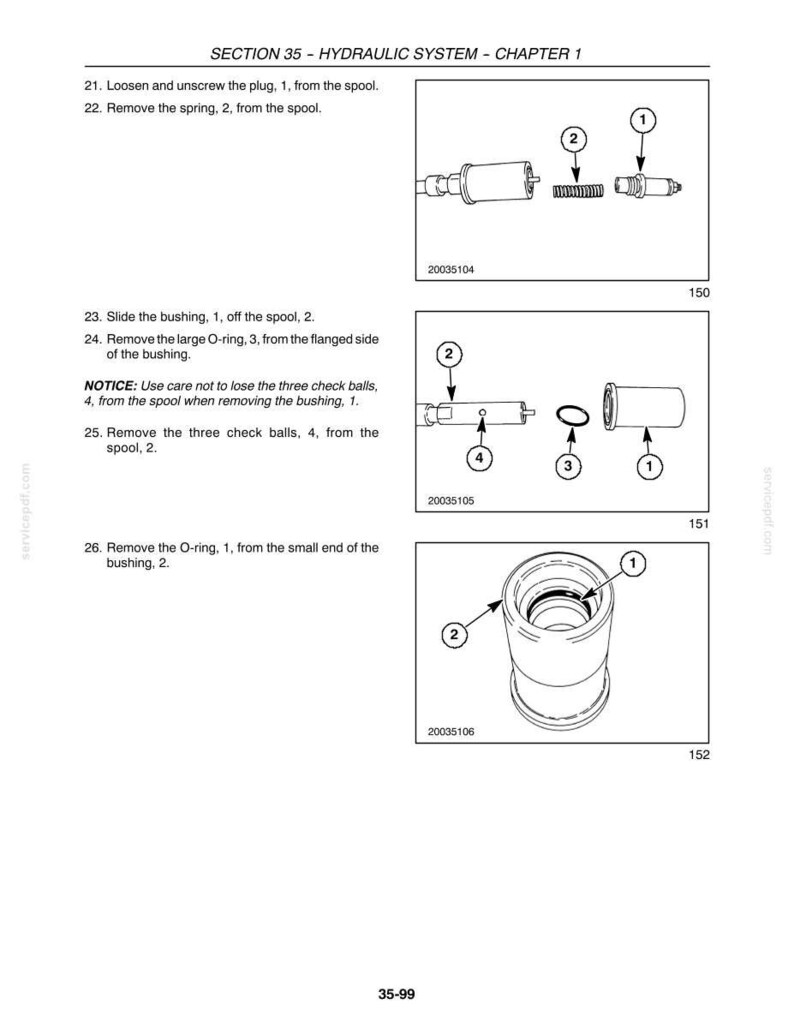 May include: A technical manual page titled SECTION 35 - HYDRAULIC SYSTEM - CHAPTER 1, featuring three black and white line drawings labeled 150, 151, and 152. The diagrams illustrate the disassembly of a hydraulic spool component with numbered parts.