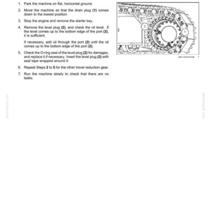 May include: Diagram from a maintenance manual showing the travel reduction units oil check procedure. The image includes a detailed illustration of the machine's components, with numbered labels for key parts and text instructions.