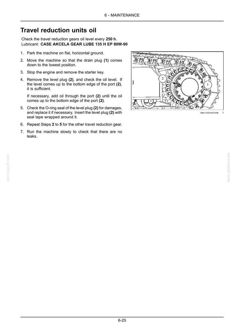 May include: Diagram from a maintenance manual showing the travel reduction units oil check procedure. The image includes a detailed illustration of the machine's components, with numbered labels for key parts and text instructions.