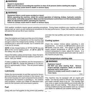 May include: A page from an operating manual detailing cold temperature operation for a machine. It includes warnings about hazards, instructions for batteries, lubricants, fuel, and starting aids, with text and diagrams.